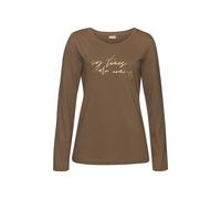 Pyjamaoberteil LASCANA, Damen, Gr. 40/42, braun, Single Jersey, Obermaterial: 50% Baumwolle, 50% Viskose, unifarben, Basic, Basic hüftlang, Rundhals, eingesetzt abgesteppt, Shirts, mit Folienprint (10