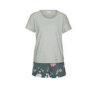 Shorty LASCANA, Damen, Gr. 32/34, grün (grün, geblühmt), Single Jersey, Obermaterial: 50% Baumwolle, 50% Viskose, Basic schmal, tiefer Rundhals, Homewear-Sets Shorty, mit elegantem Blumenmuster (78633