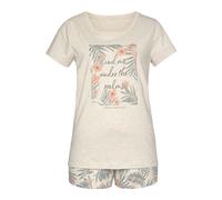 Shorty LASCANA, Damen, Gr. 40/42, beige (sand, bedruckt), Single Jersey, Obermaterial: 100% Baumwolle, bedruckt, Basic, Basic kurz, Rundhals, Homewear-Sets Shorty, mit Palmen-Print (79229318-40) sand,