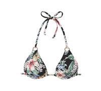Triangel-Bikini-Top LASCANA "Salsa", Damen, Gr. 38, Cup C/D, schwarz (schwarz bedruckt), Microfaser, Recycling-Polyamid, geblümt, Bikini-Oberteile, Goldfarbene Zierringe (29537955-38) schwarz bedruckt