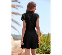 Hemdblusenkleid LASCANA "aus leichter Webware mit Leinenanteil", Damen, Gr. 38, N-Gr, schwarz, Web, Obermaterial: 58% Viskose, 28% Baumwolle, 14% Leinen, unifarben, figurumspielend kurz, V-Ausschnitt,