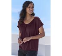Kurzarmshirt LASCANA, Damen, Gr. 36/38, lila (aubergine, schwarz), Jersey, Obermaterial: 95% Viskose (LENZING™ ECOVERO™), 5% Elasthan, unifarben, Basic, figurumspielend normal, V-Ausschnitt, angeschni