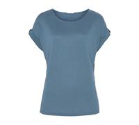 Kurzarmshirt LASCANA "mit Knopfdetail am Ärmelabschluss", Damen, Gr. 36/38, blau, Feinstrick, Obermaterial: 50% Viskose, 46% Polyester, 4% Elasthan, unifarben, Basic, bequem, Rundhals, Kurzarm mit Ums