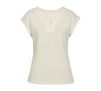 Kurzarmshirt LASCANA "mit Zierperle", Damen, Gr. 36/38, beige (creme), Piqué, Obermaterial: 69% Polyester (REPREVE), 28% Viskose, 3% Elasthan, unifarben, bequem normal, Rundhals, angeschnitten normale