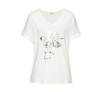 Kurzarmshirt LASCANA "mit schimmerndem Print", Damen, Gr. 44/46, creme, Single Jersey, Obermaterial: 95% Viskose, 5% Elasthan, bedruckt, figurumspielend normal, V-Ausschnitt, angeschnitten Umschlagsau
