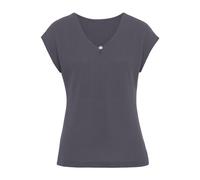 Kurzarmshirt LASCANA "mit Zierperle", Damen, Gr. 36/38, blau (creme, navy), Piquu00e9, Obermaterial: 69% Polyester (REPREVE), 28% Viskose, 3% Elasthan, unifarben, feminin, bequem normal, Rundhals, Kur