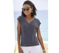 Kurzarmshirt LASCANA "mit Zierperle", Damen, Gr. 40/42, blau (creme, navy), Piquu00e9, Obermaterial: 69% Polyester (REPREVE), 28% Viskose, 3% Elasthan, unifarben, feminin, bequem normal, Rundhals, Kur