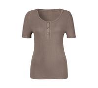 T-Shirt LASCANA "mit kurzer Knopfleiste", Damen, Gr. 40/42, grau (taupe), Rippware, Obermaterial: 95% Viskose, 5% Elasthan, unifarben, casual, bequem, Rundhals, Kurzarm, Shirts, aus weicher Viskose-Ri