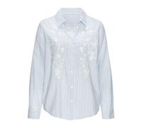 Langarmbluse LASCANA, Damen, Gr. 40, blau, creme gestreift, Web, Obermaterial: 55% Baumwolle, 35% Viskose, 10% Leinen, bestickt, gestreift, figurumspielend kniebedeckend, mit Knopf, Blusen, mit floral