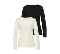 Langarmshirt LASCANA "mit Streifenstruktur", Damen, Gr. 32/34, beige (creme, schwarz), Jersey, Obermaterial: 100% Baumwolle, unifarben, Basic, normal normal, Rundhals, Shirts, aus weicher Baumwoll-Qua