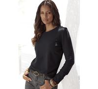 Langarmshirt LASCANA "mit Streifenstruktur", Damen, Gr. 36/38, beige (creme, schwarz), Jersey, Obermaterial: 100% Baumwolle, unifarben, Basic, normal normal, Rundhals, abgesteppt, Shirts Langarmshirt,