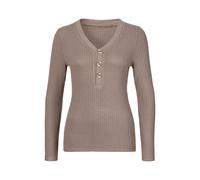 Langarmshirt LASCANA "mit kurzer Knopfleiste", Damen, Gr. 44/46, grau (taupe), Rippware, Obermaterial: 95% Viskose, 5% Elasthan, unifarben, casual, bequem, V-Ausschnitt, Langarm, Shirts, aus weicher V