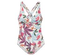 Badeanzug LASCANA "Imani", Damen, Gr. 40, Cup B, blau (creme bedruckt), Recycling-Polyamid, bedruckt, Badeanzüge Badeanzug, mit sommerlichem Blätterprint (41851442-40) creme bedruckt