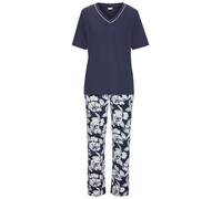 Pyjama LASCANA, Damen, Gr. 48/50, blau (blau, geblümt), Single Jersey, Obermaterial: 50% Baumwolle, 45% Viskose, 5% Elasthan, geblümt, bequem, V-Ausschnitt, 3/4-Ärmel, Homewear-Sets, mit schönem Blume