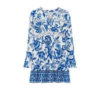 Longbluse LASCANA, Damen, Gr. 44/46, blau (creme, blau bedruckt), Web, Obermaterial: 100% Viskose. Spitze: 100% Baumwolle, bedruckt, modisch, figurumspielend kurz, V-Ausschnitt, Langarm Volant, Blusen