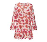 Longbluse LASCANA, Damen, Gr. 40/42, bunt (orange, pink bedruckt), Web, Obermaterial: 58% Viskose, 28% Baumwolle, 14% Leinen, bedruckt, figurumspielend knieumspielend, Rundhals, Volant, Blusen Longblu