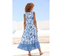 Maxikleid LASCANA, Damen, Gr. 40, N-Gr, blau (blau, creme bedruckt), Web, Obermaterial: 100% Viskose, bedruckt, geblümt, modisch, figurumspielend lang, Rundhals, ohne Ärmel, Kleider, mit Blumenprint u
