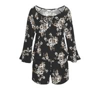 Overall LASCANA, Damen, Gr. 34, N-Gr, beige (schwarz, creme, bedruckt), Jersey, Obermaterial: 100% Viskose, bedruckt, figurumspielend kurz, V-Ausschnitt, Volant, Overalls Overall, mit Volant am 3/4-Ar