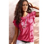 Rundhalsshirt LASCANA "mit Volantärmeln", Damen, Gr. 44/46, rot (rot, schwarz), Single Jersey, Obermaterial: 65% Polyester (REPREVE), 35% Viskose, unifarben, figurumspielend normal, Rundhals, Shirts R
