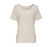 Rundhalsshirt LASCANA "mit feiner Glitzereinfassung", Damen, Gr. 32/34, beige (sand), Feinstrick, Obermaterial: 62% Polyester (REPREVE), 34% Viskose, 4% Elasthan, unifarben, Glanzfaden, feminin, beque