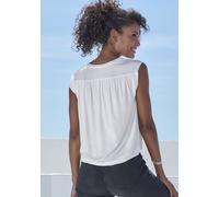 Shirttop LASCANA "mit Schulterraffung", Damen, Gr. 40/42, schwarz (schwarz, creme), Single Jersey, Obermaterial: 95% Viskose, 5% Elasthan, unifarben, Basic, figurumspielend normal, Rundhals, Tops, aus