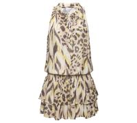 Sommerkleid LASCANA "aus leicht strukturierter Webqualität mit Rüschendetails", Damen, Gr. 44, N-Gr, blau (sand, taupe bedruckt), Web, Obermaterial: 100% Viskose, bedruckt, figurumspielend kurz, Rundh