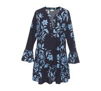 Strandkleid LASCANA, Damen, Gr. 44/46, N-Gr, blau (blau, marine bedruckt), Web, Obermaterial: 100% Viskose, bedruckt, figurumspielend ca. Mitte Oberschenkel, Rundhals, Volant, Kleider Strandkleid (603
