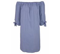 Blusenkleid LASCANA Gr. 44, N-Gr, blau (blau, weiß) Damen Kleider Strandkleider mit Streifendruck und Carmenausschnitt, Sommerkleid, Strandkleid (34318424-44)