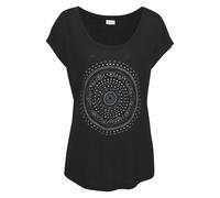 Strandshirt LASCANA, Damen, Gr. 40/42, schwarz, Jersey, Obermaterial: 100% Viskose, unifarben, figurumspielend hüftlang, Rundhals, Shirts, mit Print und glänzendem Effekt, Ethno-Look, casual, Topselle