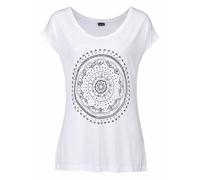 Strandshirt LASCANA, Damen, Gr. 40/42, weiß, Jersey, Obermaterial: 100% Viskose, unifarben, casual, figurumspielend hüftlang, Rundhals, Kurzarm, Shirts, mit Print und glänzendem Effekt, Ethno-Look, ca