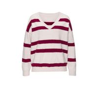 Streifenpullover LASCANA "Amira", Damen, Gr. 40/42, rot (sand, bordeaux), Strick, Obermaterial: 50% Polyamid, 30% Viskose, 20% Polyester, gestreift, figurumspielend hüftlang, V-Ausschnitt, Pullover St