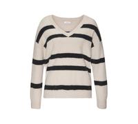 Streifenpullover LASCANA "Amira", Damen, Gr. 44/46, beige (sand, schwarz), Strick, Obermaterial: 50% Polyamid, 30% Viskose, 20% Polyester, gestreift, figurumspielend hüftlang, V-Ausschnitt, Pullover S