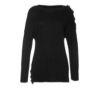 Strickpullover LASCANA, Damen, Gr. 36/38, schwarz, Strick, Obermaterial: 60% Baumwolle, 40% Polyacryl, figurumspielend Po-bedeckend, U-Boot-Ausschnitt, Pullover Strickpullover, mit Knöpfen im Off-Shou