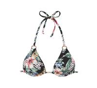 Triangel-Bikini-Top LASCANA "Salsa", Damen, Gr. 38, Cup C/D, schwarz (schwarz bedruckt), Microfaser, Recycling-Polyamid, geblümt, Bikini-Oberteile, Goldfarbene Zierringe (29537955-38) schwarz bedruckt
