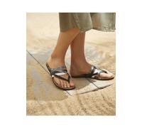 Zehentrenner LASCANA Gr. 39, silberfarben (schwarz, silberfarben) Damen Schuhe Zehentrenner Strandaccessoires Sandale, Pantolette aus Leder mit Korkfußbett (19810424-39)