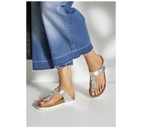 Zehentrenner LASCANA Gr. 41, silberfarben (weiß, silberfarben) Damen Schuhe Zehentrenner Sandale, Pantolette mit modischer Applikation und Korkfußbett (59161166-41)