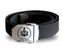 Lasernauten Gürtel Stoff Textil mit Edelstahlschnalle mit Gravur Maurer Zunftzeichen und Wunschtext personalisiert mit Name Workwear Arbeitshose Zünfte
