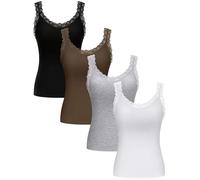 Lasnten 4 Stück Spitze Camisole Tank Tops für Frauen Geripptes Cami Top Lacework Unterhemd Patchwork Tank Spitzenbesatz Cami, Schwarz, Weiß, Grau, Braun, Klein