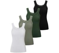 Lasnten 4 Stück Spitze Camisole Tank Tops für Frauen Geripptes Cami Top Lacework Unterhemd Patchwork Tank Spitzenbesatz Cami, Schwarz, Weiß, Dunkelgrün, Olivgrün, Klein