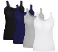 Lasnten 4 Stück Spitze Camisole Tank Tops für Frauen Geripptes Cami Top Lacework Unterhemd Patchwork Tank Spitzenbesatz Cami, Schwarz, Weiß, Marineblau, Grau, Groß