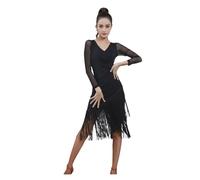 Latein Tanzkleid Schwarzes Latin Dance Dress Kurzärmliges Latin Dance Quaste einteiliges Kleid for Frauen weibliche Ballroom Tango Cha Cha Rumba Kostüme Lateinisches Kleid ( Color : LONG SLEEVE BLACK