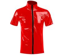 latex herren, Latex Ähnliches Herren Techno Outfit Tank Top Slim Fit Lederhemd Dessous Reizwäsche Netzoberteil Lackleder Kurzarm Fitness Leder Shirts Kinky-Outfit Netzhemd Für Männer