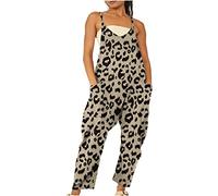 Latzhose Damen Sommer Lang Jumpsuit Oversize Arbeitshose Cargohose Leoparden Overall Einteiler Breite Bein Bib Pants mit großer Tasche Ärmellos Jumper Spielanzug Onesie StrampelhöSchen Streetwear