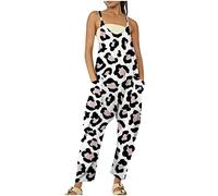 Latzhose Damen Sommer Lang Jumpsuit Oversize Arbeitshose Leopardenmuster Cargohose Overall Einteiler Ärmellos Breite Bein Bib Pants mit großer Tasche Spielanzug Jumper Onesie Strampler Playsuit
