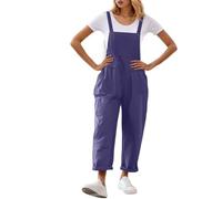 Latzhose Damen Sommer, Oversize Jumpsuit Leinen Overall mit Große Taschen Einfarbig Gartenhose Verstellbarer Riemen Arbeitslatzhose Mode Arbeitsoverall, S-XXL