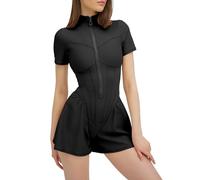 Latzhose für Damen, kurvig, kurz, Jumpsuit für Damen, lässig, Hosenträger, Playsuit, Romper, verstellbare Träger mit Taschen, bequeme Übergröße, lockerer Hausanzug für Damen, Curvy, Schwarz , L