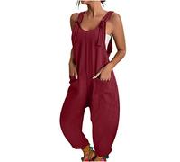Latzhosen Für Damen Sommer - Stoff-Latzhose Damen Sommer Lang Sommerhose Mit Hosenträger Vintage Sommeroveralls Für Frauen Leinenhose Leicht Weites Bein Sommerhose Locker Strandhose/Damenoveralls