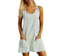 Latzkleid Damen Kurz -Trägerkleid Sommer Minikleid Latzrock Sommerkleid Rundhals Streifen Latzkleider Vintage Hosenträger Kleid mit Taschen Strandkleid Elegant Freizeitkleid Ärmelloses