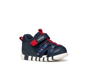 Lauflernschuh GEOX "B SANDAL IUPIDOO BOY", Baby, Gr. 23, blau (navy, rot), Lederimitat, Textil, bestickt, kontrastfarbene Details, Basic, Schuhe Lauflernschuh, Babyschuh mit Stickmuster, Größenschablo