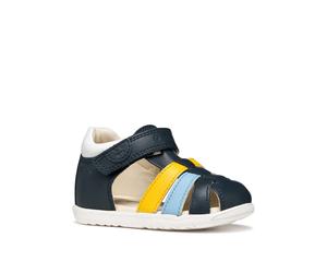 Lauflernschuh GEOX "B SANDAL MACCHIA BOY", Baby, Gr. 26, navy, gelb, Leder, Lederimitat, Schuhe Lauflernschuh, Babyschuh, Kontrast-Riemchen, Größenschablone zum Download (54992114-26) navy, gelb